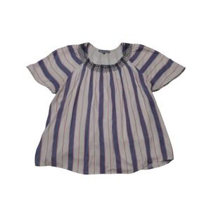 Daniel‎ Rainn Blouse Woman XL Beige Blue Bohemian Embroidered Neck Short Sleeves